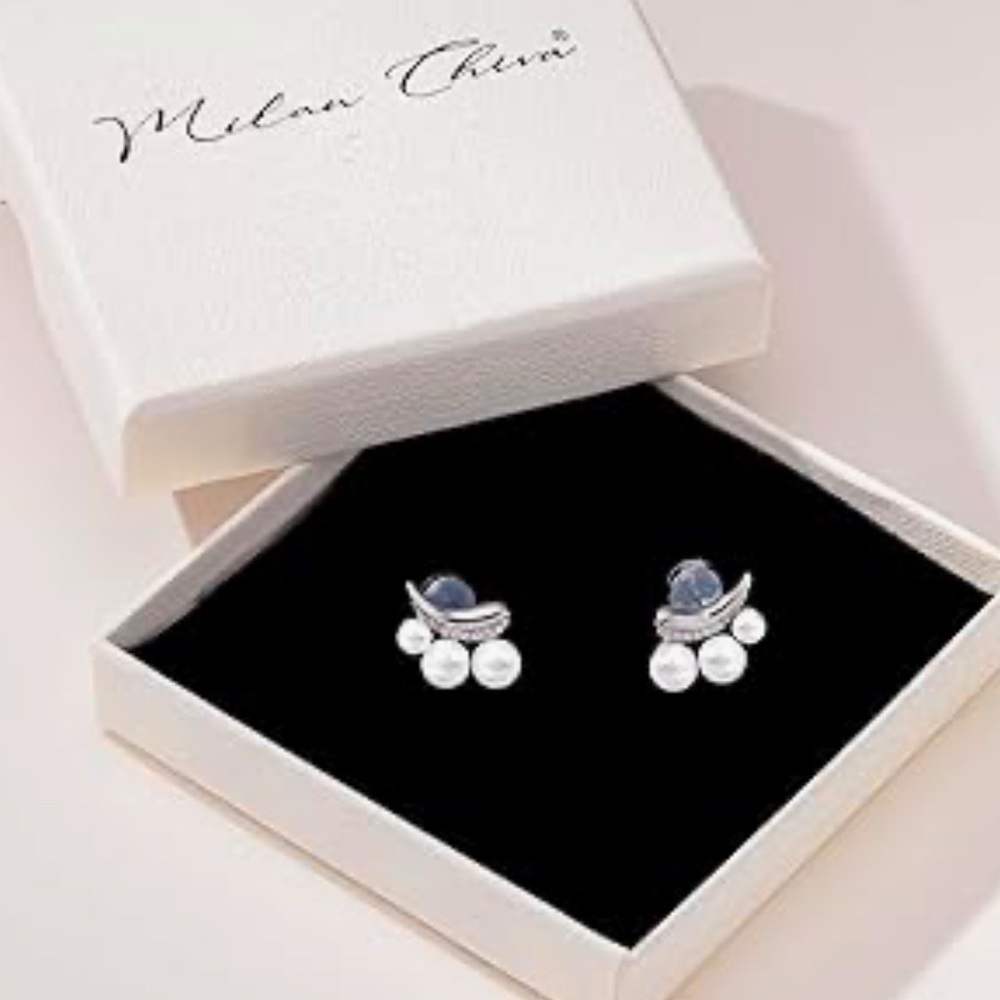Silver pearl dangle stud earrings, crescent-shaped
